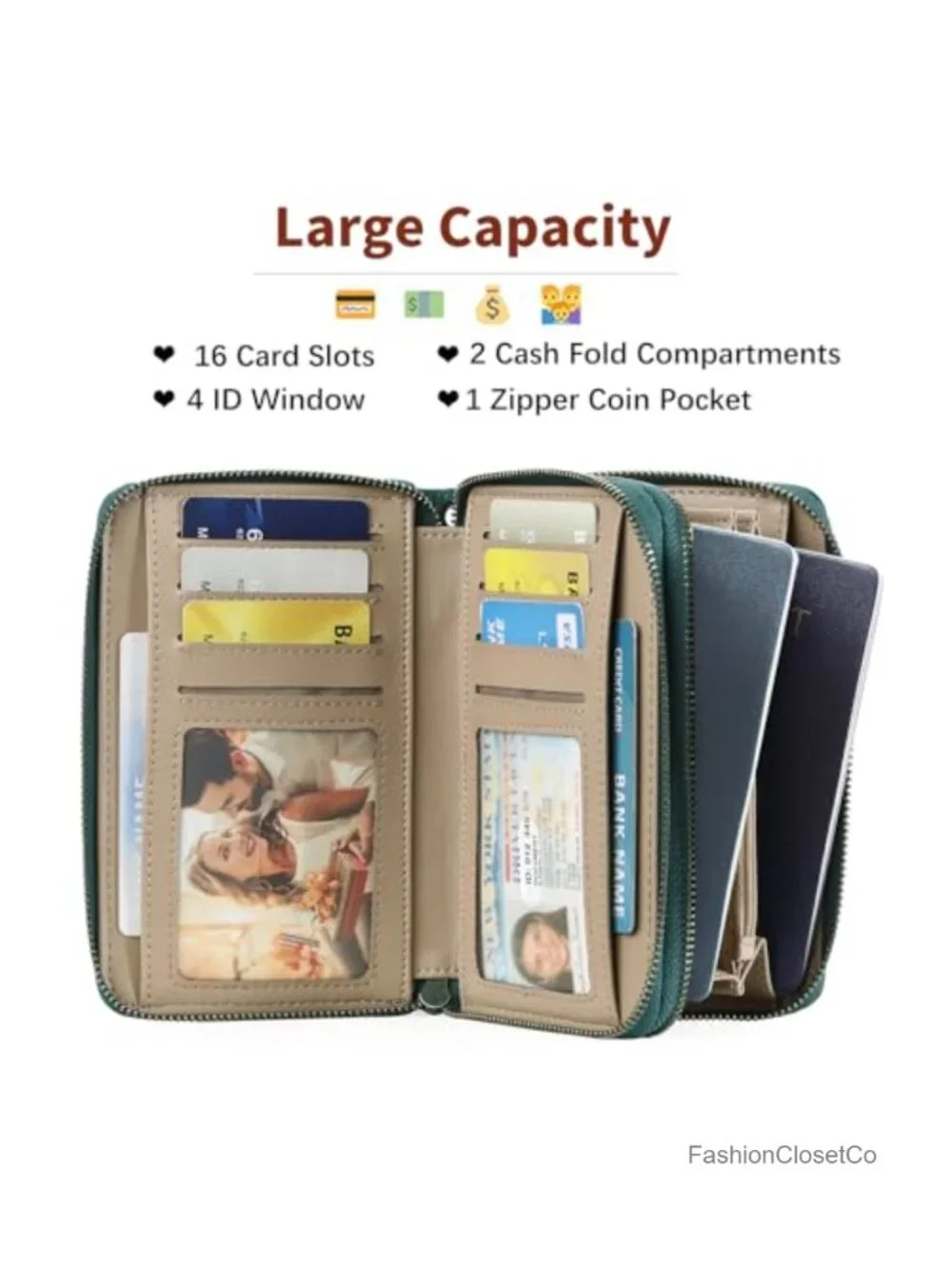 Medium Double Zip RFID Wristlet Wallet 16 Card Slots Removable Strap